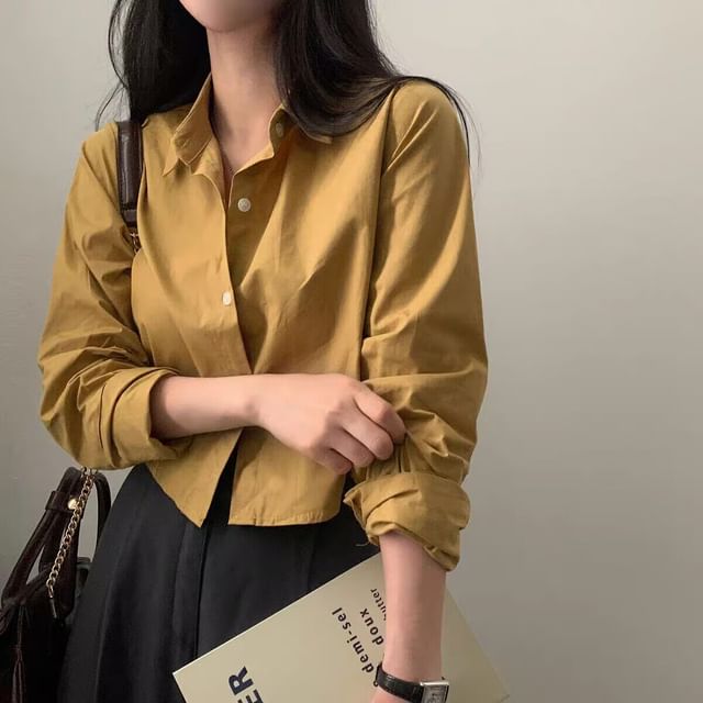 Bigfol-Long-Sleeve Plain Button-Up Shirt