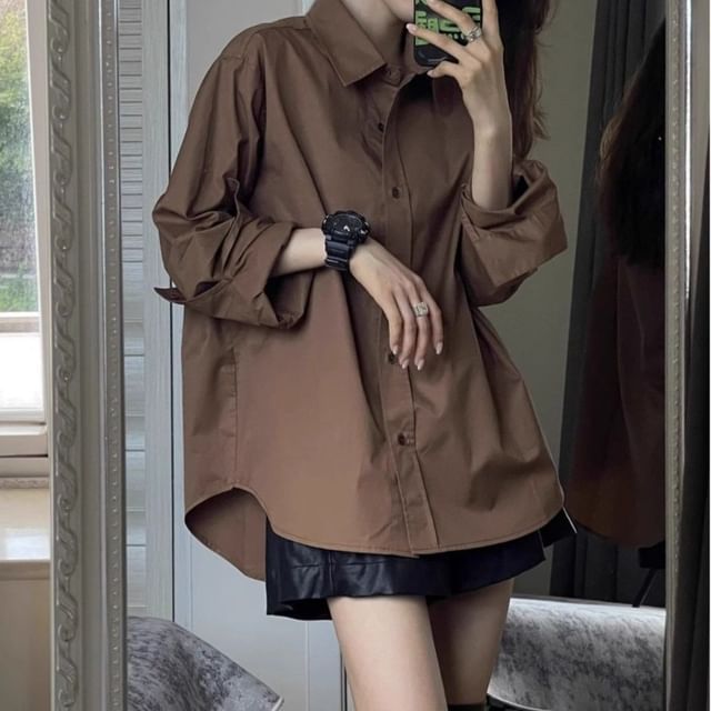 Bigfol-Long-Sleeve Plain Oversized Shirt