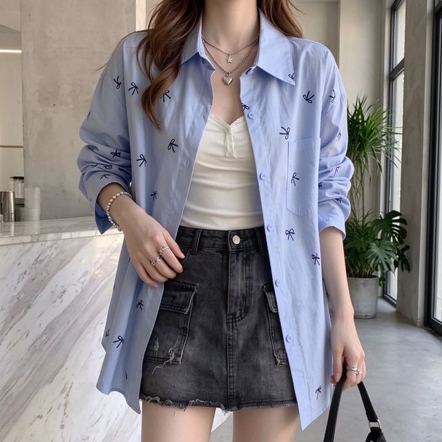Bigfol-Long-Sleeve Ribbon Pattern Pocketed Shirt