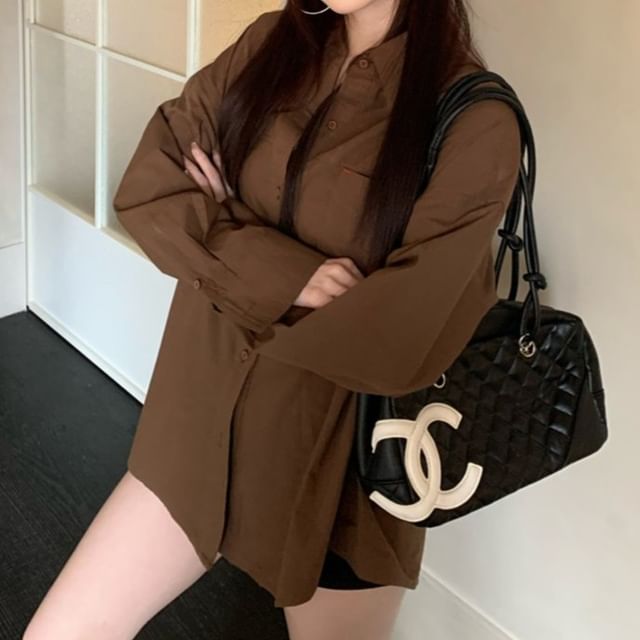 Bigfol-Long-Sleeve Scoop Hem Plain Shirt