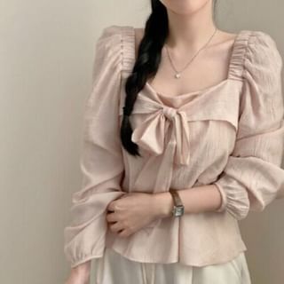 Bigfol-Long-Sleeve Square Neck Ribbon Accent Plain Blouse