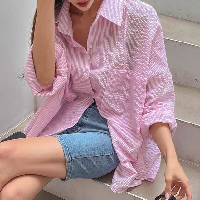 Bigfol-Long-Sleeve Striped Button-Up Shirt