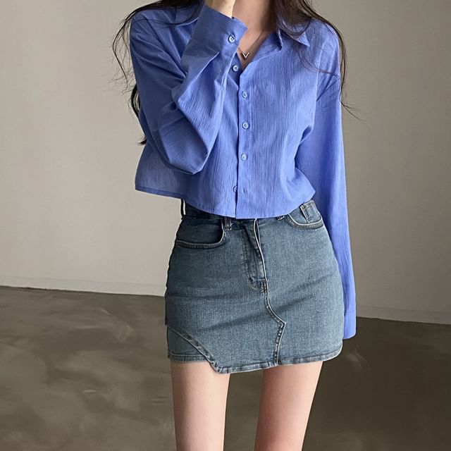 Bigfol-Long-Sleeve Tie-Back Plain Button-Up Shirt