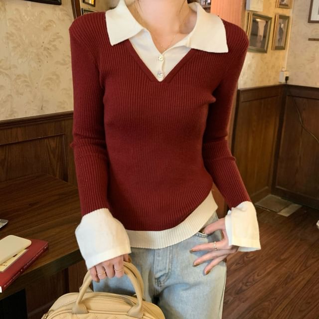 Bigfol-Mock Two Piece Ribbed Knit Polo Sweater