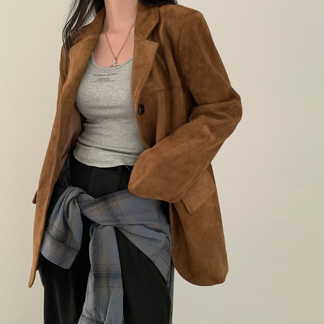 Bigfol-Notch Lapel Faux Suede Single-Breasted Blazer