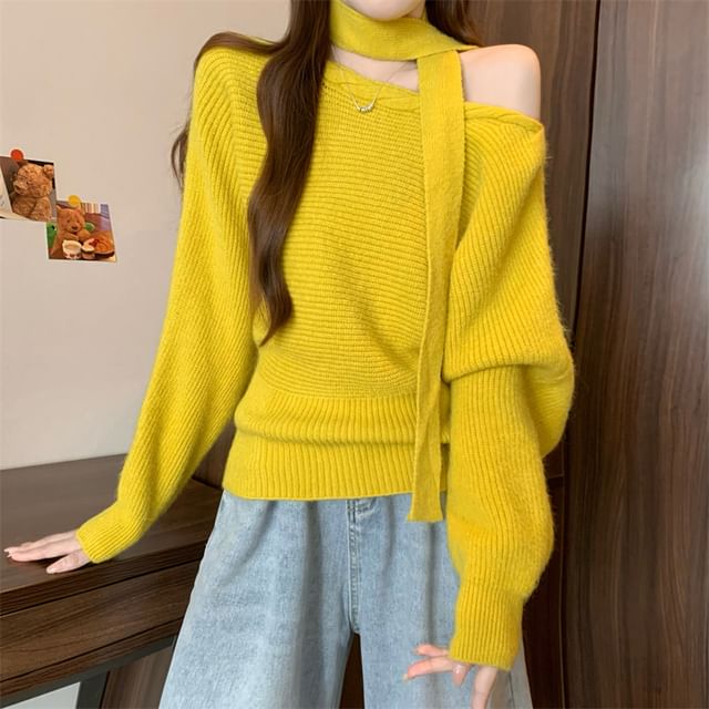 Bigfol-One-Shoulder Plain Ribbed Sweater