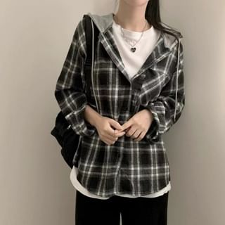 Bigfol-Plaid Drawstring Hooded Button Jacket