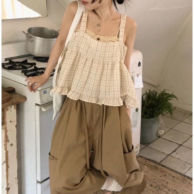 Bigfol-Plaid Ruffle Tie-Up Camisole Top