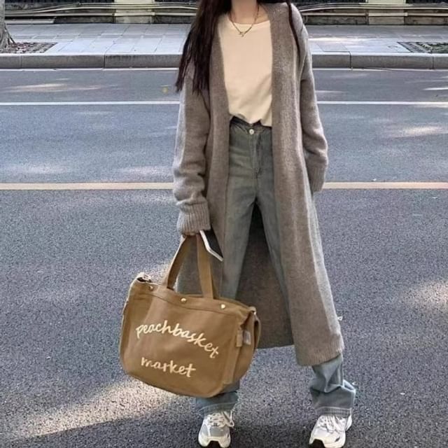 Bigfol-Plain Midi Open Front Cardigan