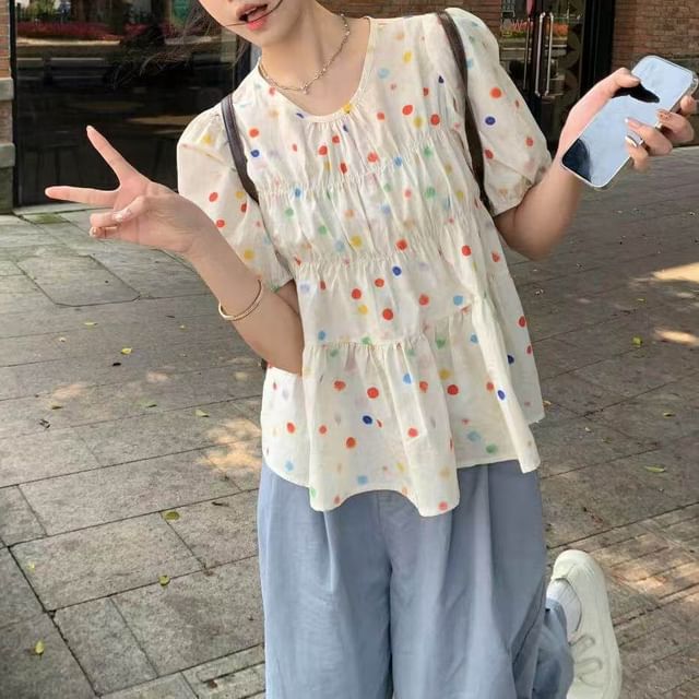 Bigfol-Puff Short Sleeve Round Neck Dotted Ruched Blouse
