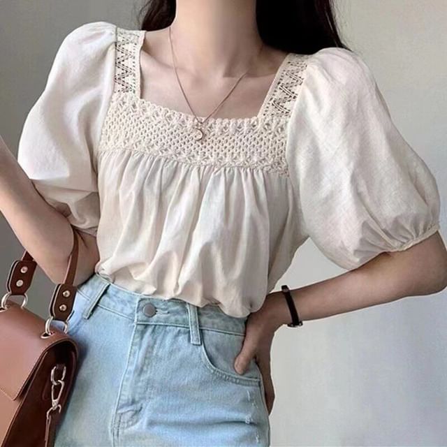 Bigfol-Puff Short Sleeve Square Neck Plain Panel Blouse
