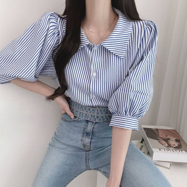 Bigfol-Puff Sleeve Collared Striped Blouse