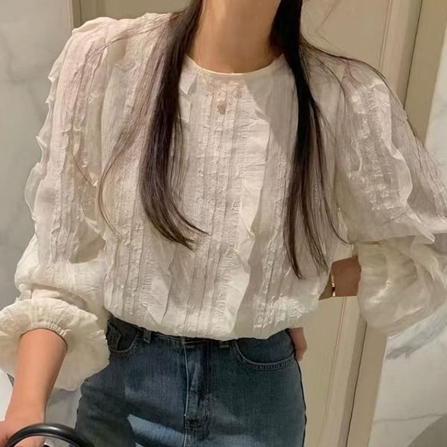 Bigfol-Puff-Sleeve Crew Neck Plain Shirred Blouse