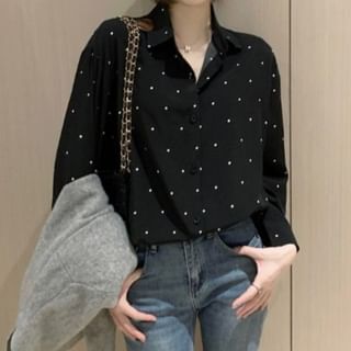 Bigfol-Puff-Sleeve Dotted Button-Up Blouse
