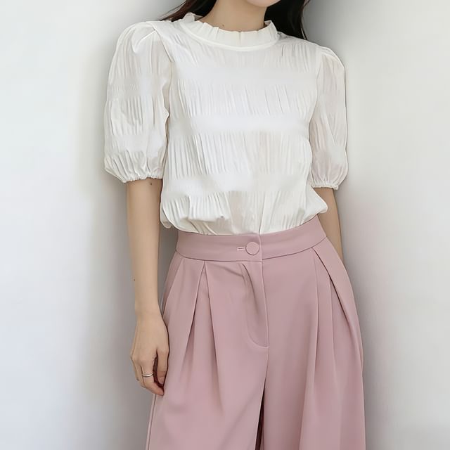 Bigfol-Puff-Sleeve High Neck Plain Shirred Blouse