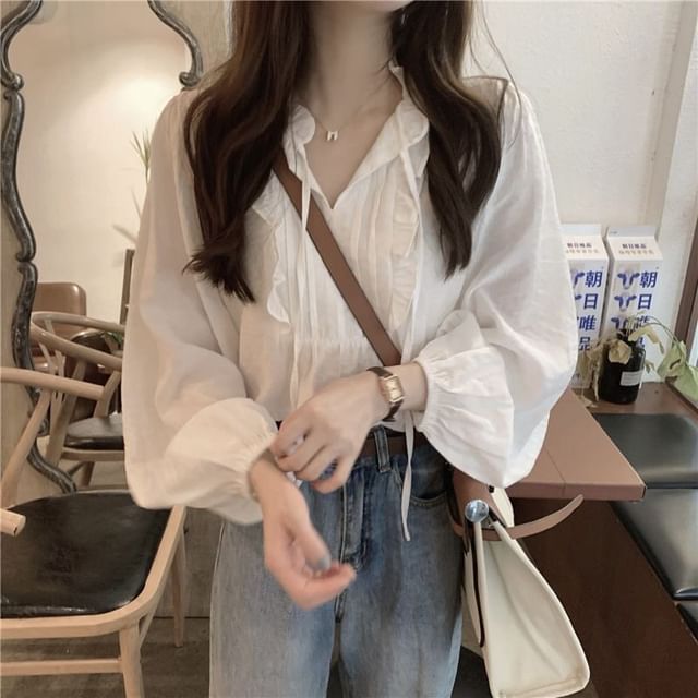 Bigfol-Puff-Sleeve Notch Neck Plain Ruffle Blouse