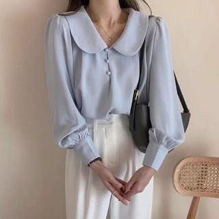Bigfol-Puff-Sleeve Plain Peter Pan Collar Button-Up Blouse
