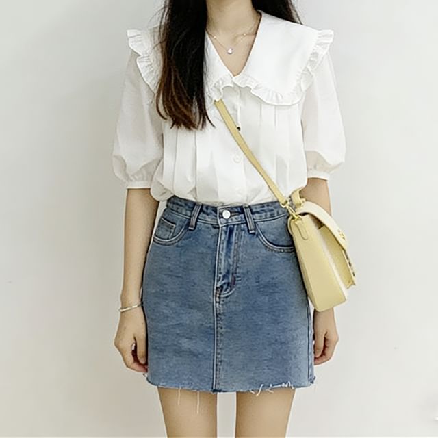 Bigfol-Puff-Sleeve Plain Ruffled Button-Up Blouse