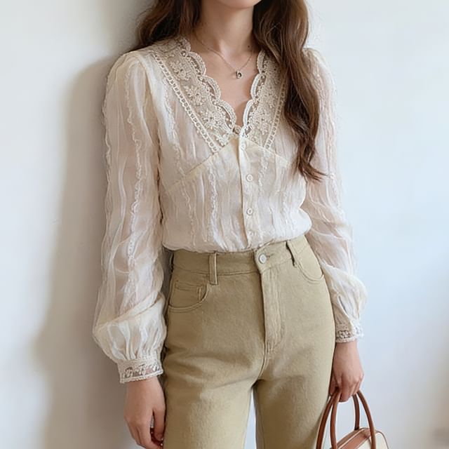 Bigfol-Puff-Sleeve V-Neck Lace Trim Button-Up Blouse