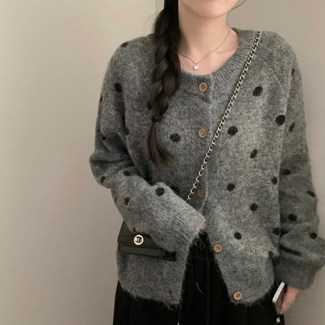 Bigfol-Round Neck Dotted Button Up Cardigan