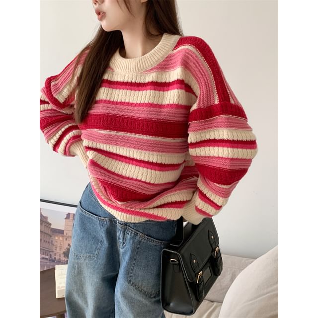 Bigfol-Round Neck Drop Shoulder Striped Sweater