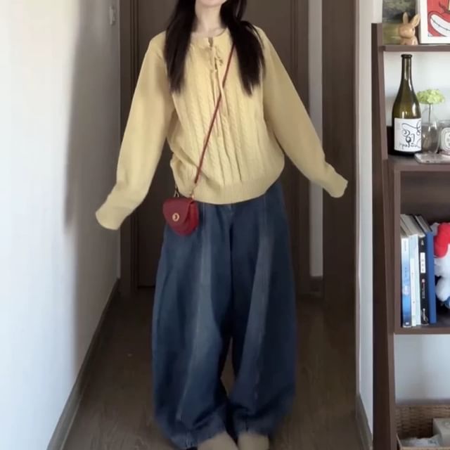 Bigfol-Round Neck Plain Cable Knit Sweater