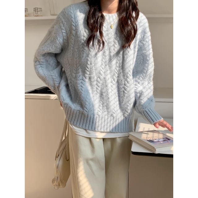 Bigfol-Round Neck Plain Cable Knit Sweater