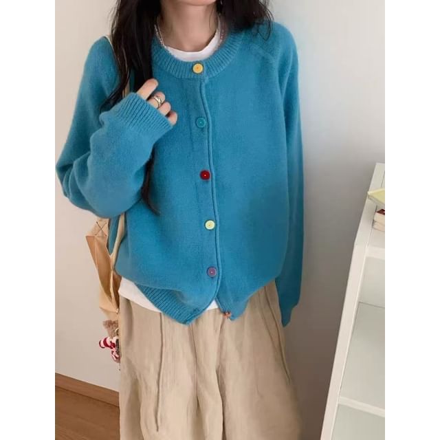 Bigfol-Round Neck Plain Cardigan