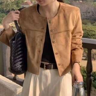 Bigfol-Round Neck Plain Faux Suede Button Jacket