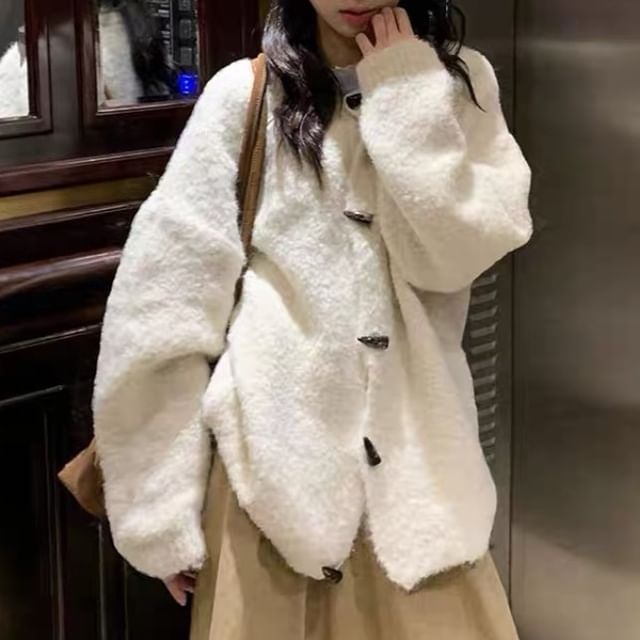Bigfol-Round Neck Plain Toggle Cardigan