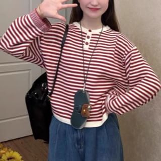 Bigfol-Round Neck Striped Henley Sweater