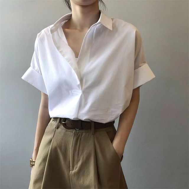 Bigfol-Short Sleeve Collared Open Placket Plain Shirt