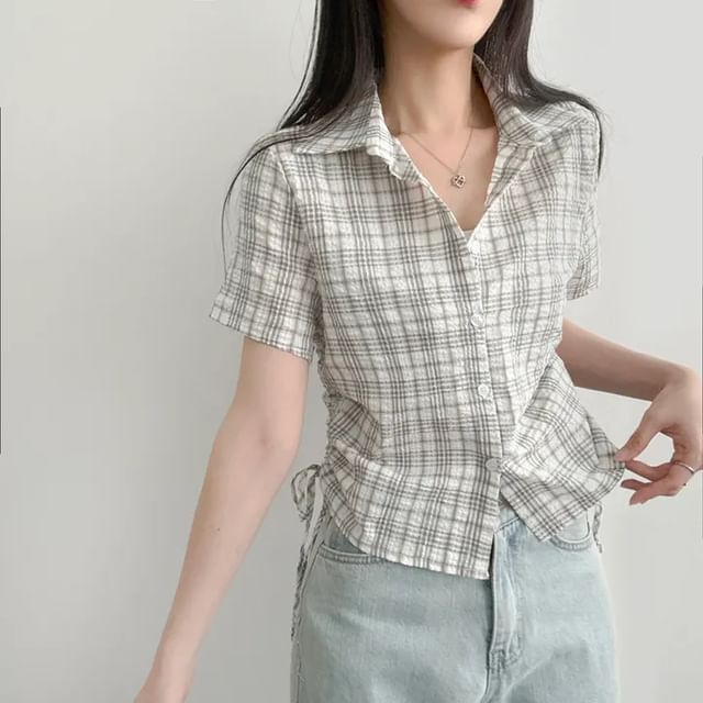 Bigfol-Short Sleeve Collared Plaid Drawstring Shirt