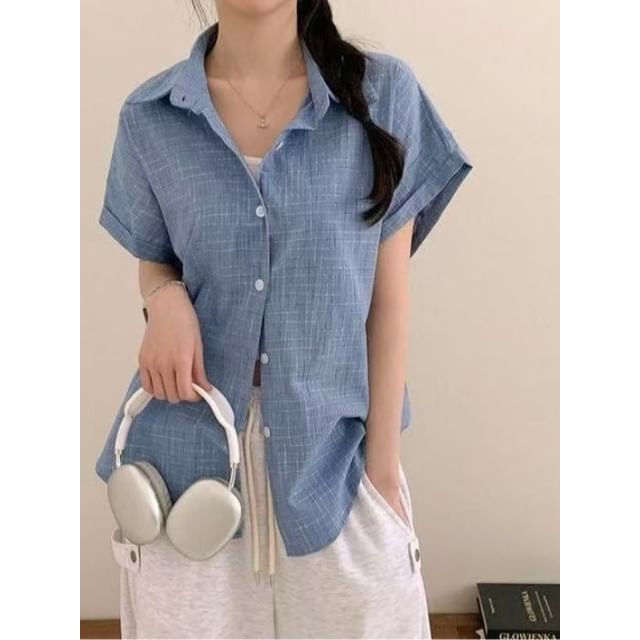 Bigfol-Short Sleeve Collared Plaid Shirt