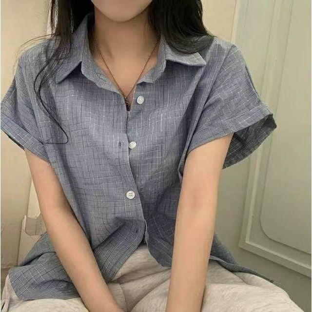 Bigfol-Short Sleeve Collared Plaid Shirt