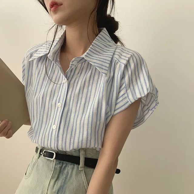 Bigfol-Short-Sleeve Collared Striped Button Up Shirt