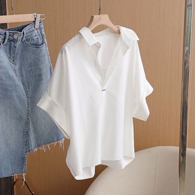 Bigfol-Short Sleeve Collared V-Neck Plain Blouse