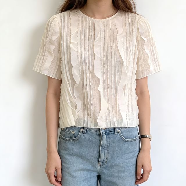 Bigfol-Short-Sleeve Crew Neck Plain Shirred Blouse
