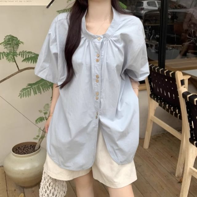 Bigfol-Short-Sleeve Plain Shirred Button-Up Blouse