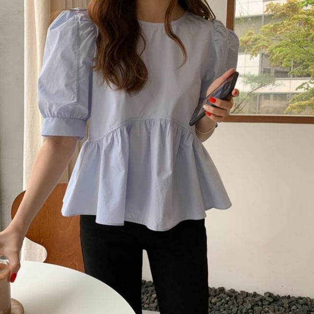 Bigfol-Short-Sleeve Round Neck Plain Flowy Top