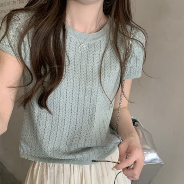 Bigfol-Short-Sleeve Round Neck Plain Knit Top