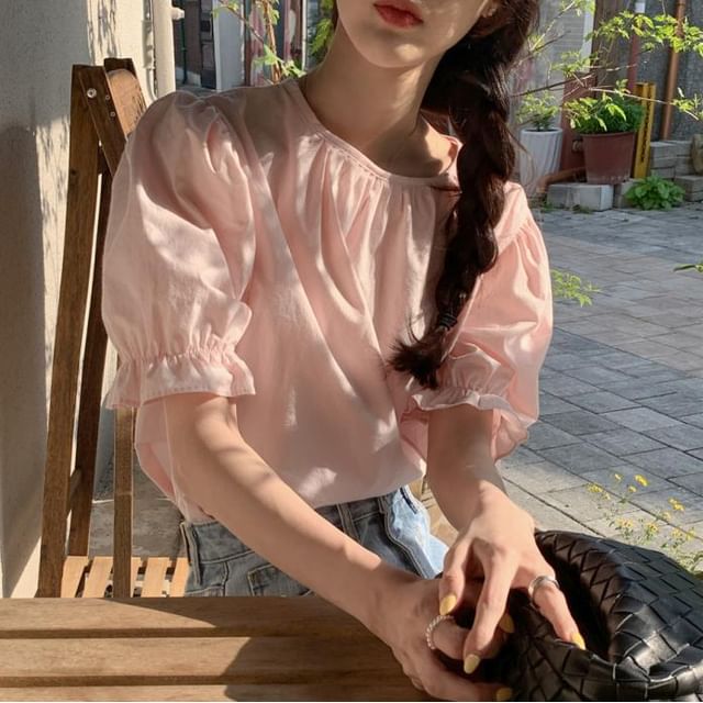 Bigfol-Short-Sleeve Round Neck Plain Ruffle Trim Blouse