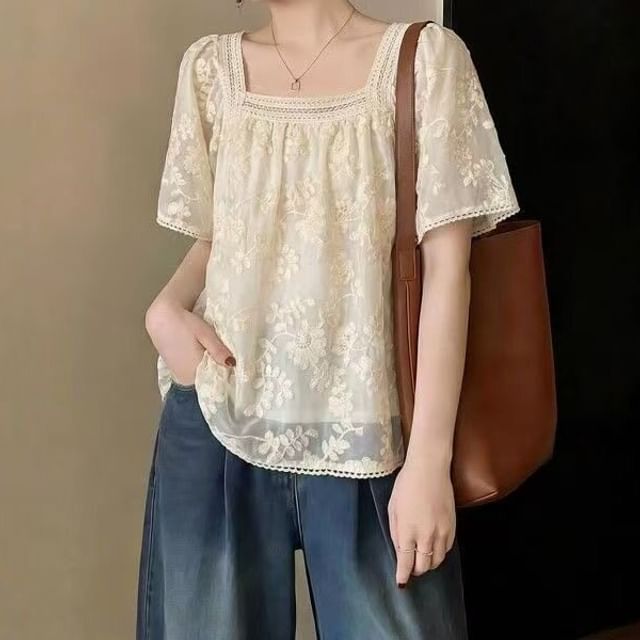 Bigfol-Short-Sleeve Square Neck Lace Blouse