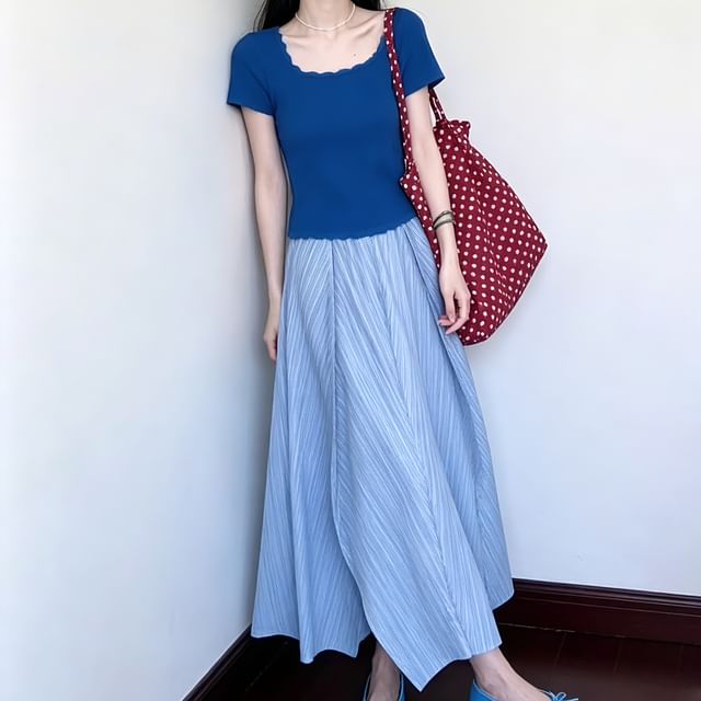 Bigfol-Short Sleeve Square Neck Plain Ribbed Knit Top