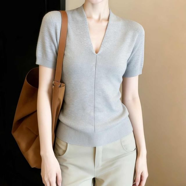 Bigfol-Short-Sleeve V-Neck Plain Knit Top