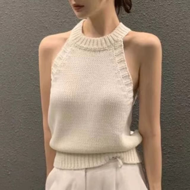 Bigfol-Sleeveless Crewneck Plain Knit Top