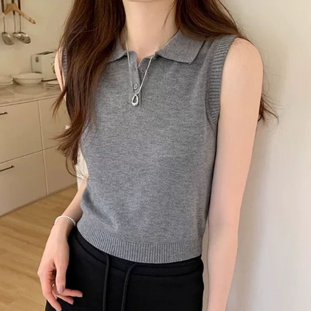 Bigfol-Sleeveless Polo Collar Plain Crop Knit Top