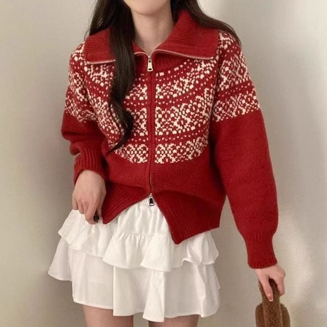 Bigfol-Stand Collar Jacquard Zip-Up Cardigan