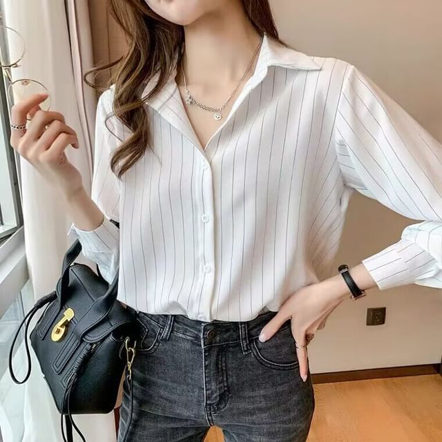 Bigfol-Striped Button-Up Shirt