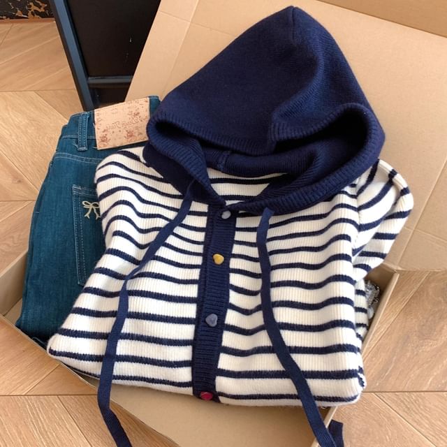 Bigfol-Striped Drawstring Hooded Cardigan
